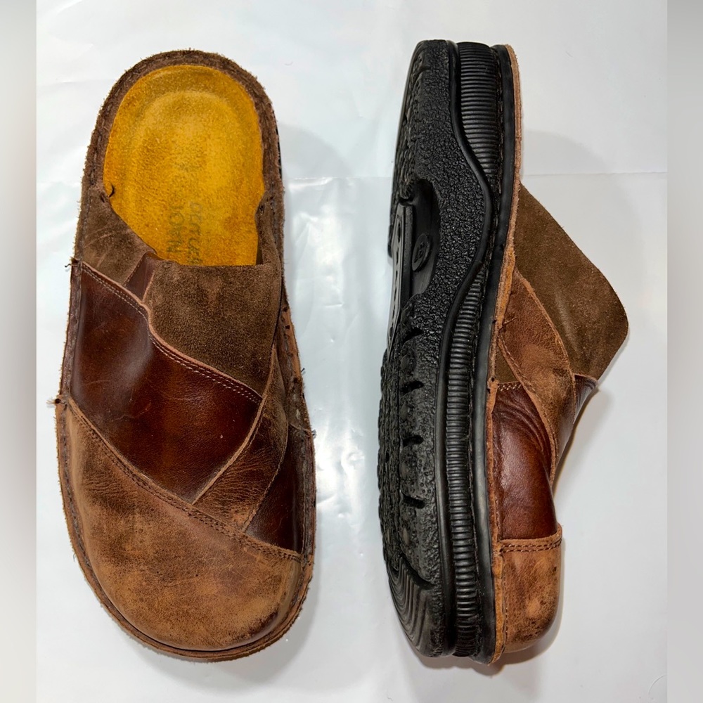 NAOT brown patchwork chunky leather suede Slip On shoes Mule Clogs EURO 37, Sz 7